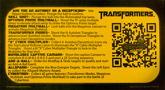 The instruction card for Transformers Pro