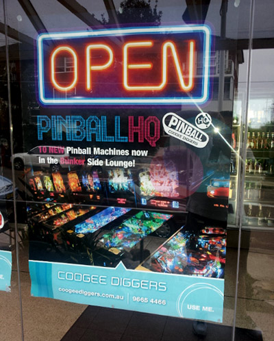 Poster for Coogee Diggers' Pinball HQ launch party