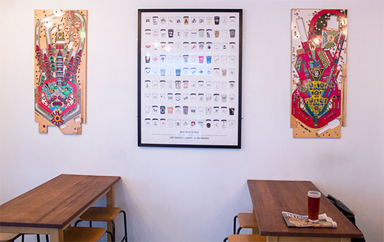 School-style tables with pinball and coffee wall decorations