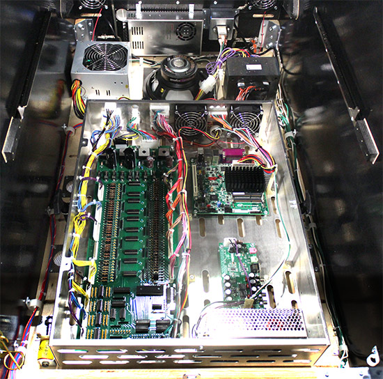 The electronics inside the cabinet