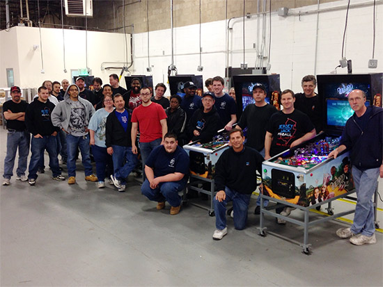 Members of the Jersey Jack Pinball team in the factory at Lakewood, NJ