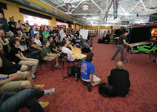Cayle in the Finals of A Division at PAPA 13 as the crowd watches the action on the overhead screen. Try playing your best with this many people looking over your shoulder.