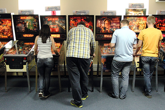 Part of one of the two lines of pinball at Printimus Pinball during one of the tournaments