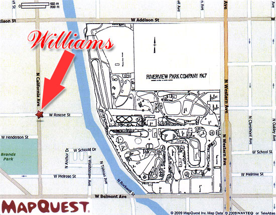 Map showing location of the Williams factory and Riverview in Chicago