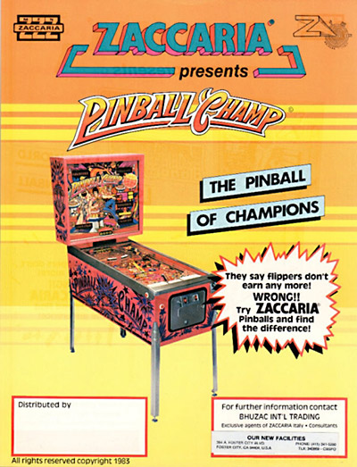 The flyer for Zaccaria's Pinball Champ