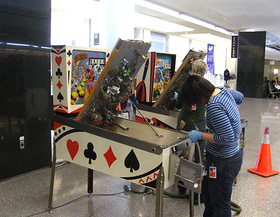 Setting up the machines in the airport terminal
