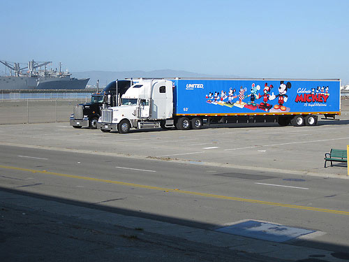 The two 53-foot trucks used to transport the collection to California