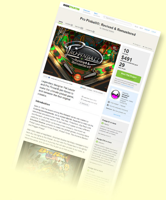 The Pro Pinball Kickstarter project page a few minutes after launch