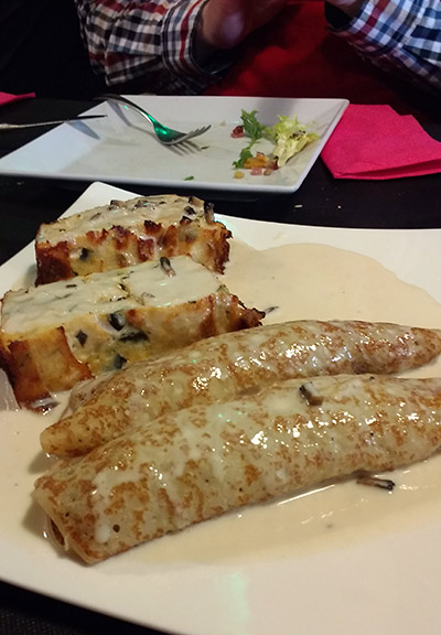 filled crepes and a kind of savoury bread pudding followed the opening salad course