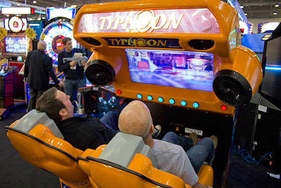 Will Barber and Matt Adams ride the Typhoon pinball simulator