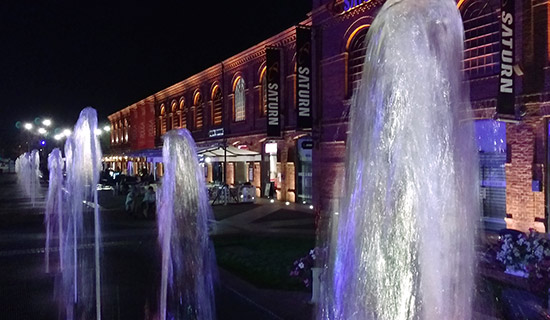 Fountains in front of the shops and bars