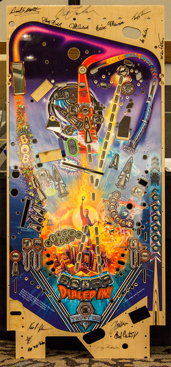 The artwork on a signed playfield which was being auctioned-off