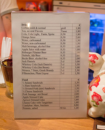 The food and drinks menu