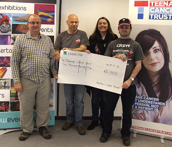 The Northern Light Pinball team present a cheque to the Teenage Cancer Trust: