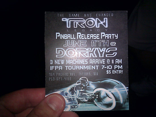 Dorky's in Tacoma, WA capitalizes on the Tron-ness of the show to promote next week's Tron Pinball Release Party
