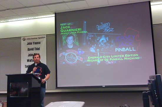 Jersey Jack Guarnieri gives his talk with updates on the new Wizard of Oz pinball machine
