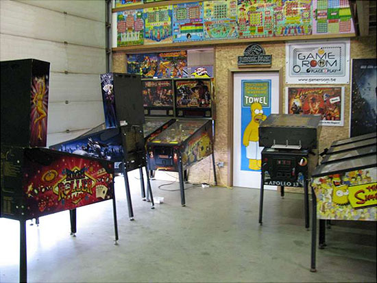 All the pinball machines ready to be moved so the game room could be cleaned and mopped