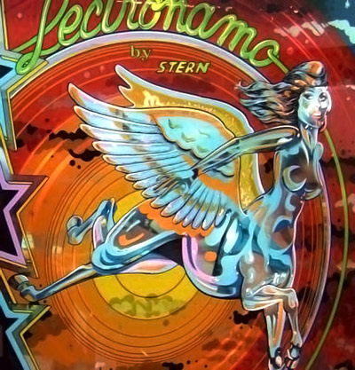 The great thing about shows like Pin-A-Go-Go is you never know what you’ll see.  A fusion of new wave, art deco and vehicle mastheads combine in the art of this 1978 Lectronamo backglass, the first STERN game to feature electronic sound.