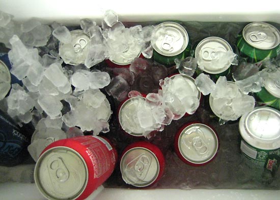 Various flavors of canned pop were available from the cooler