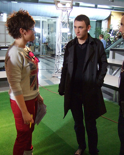 Aleksander Zurkowski and TV journalist Justyna Dzbik just before going on the air in television TVP’s studio