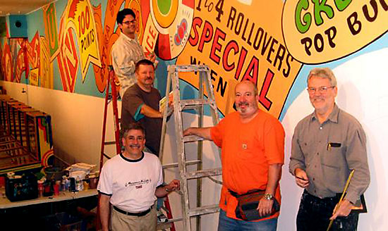 PPM wall mural with artists Ed Cassel, Dan Fontes, Eric Kos and PPM Board members David Volansky & Larry Zartarian. PPM Archives 