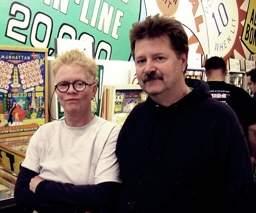 Melissa Harmon and Dan Fontes. Melissa runs the Museum with her husband Michael. Dan Fontes is known both in and beyond the pinball world for his incredible murals seen at pinball shows and around the Bay Area