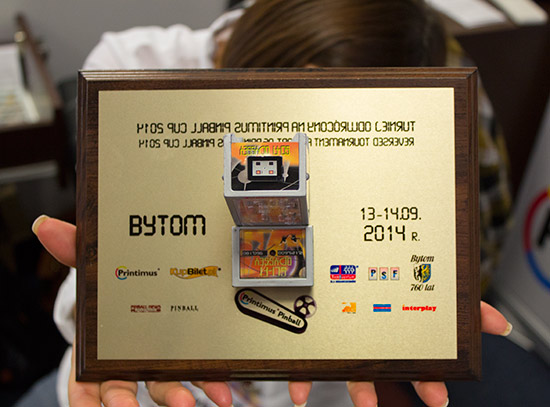 The plaque for the winner of the swapped flipper tournament