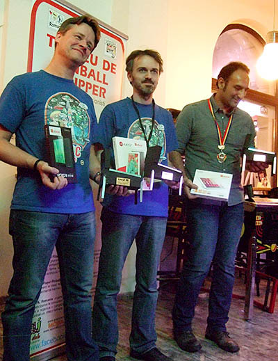 The top three in the Romanian Pinball Open 2015: Lieven Engelbeen (3rd), Ollivier Francq (1st) & Cesare D'atri (2nd)