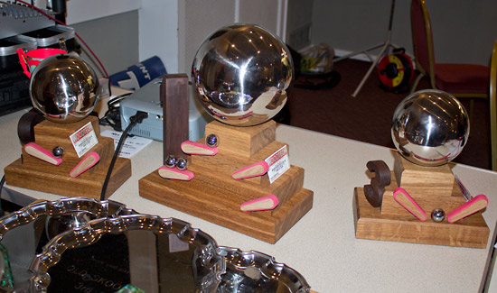 Super Slam Showdown trophies made and donated the the show by Manny at Woodtech who also manufactures pinball cabinets