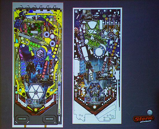 The Avengers playfield - final design on the left, original design on the right