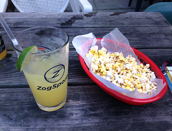 The popcorn complements the drinks