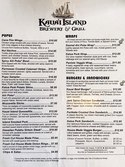 Page one of the food menu
