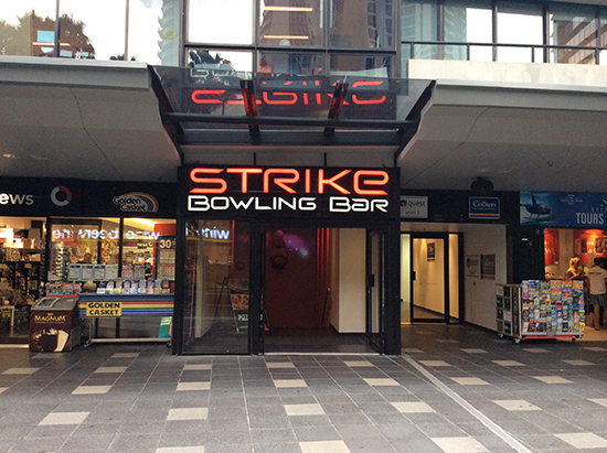 The entrance to Strike Bowling Bar